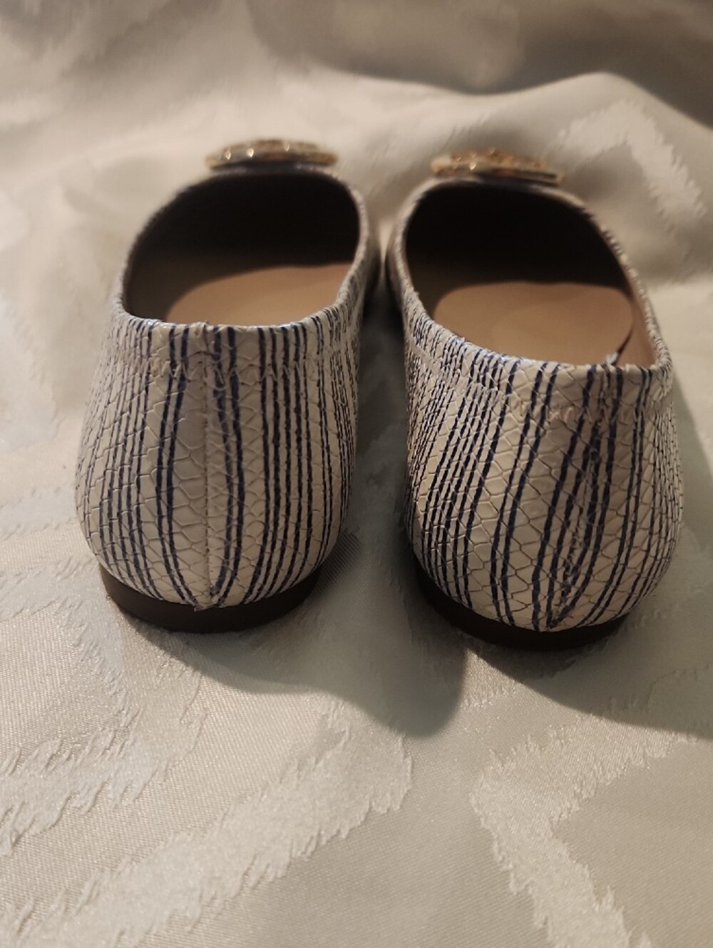 Tory Burch White and Navy Striped Reva Flats with Gold Logo - Picture 6 of 8